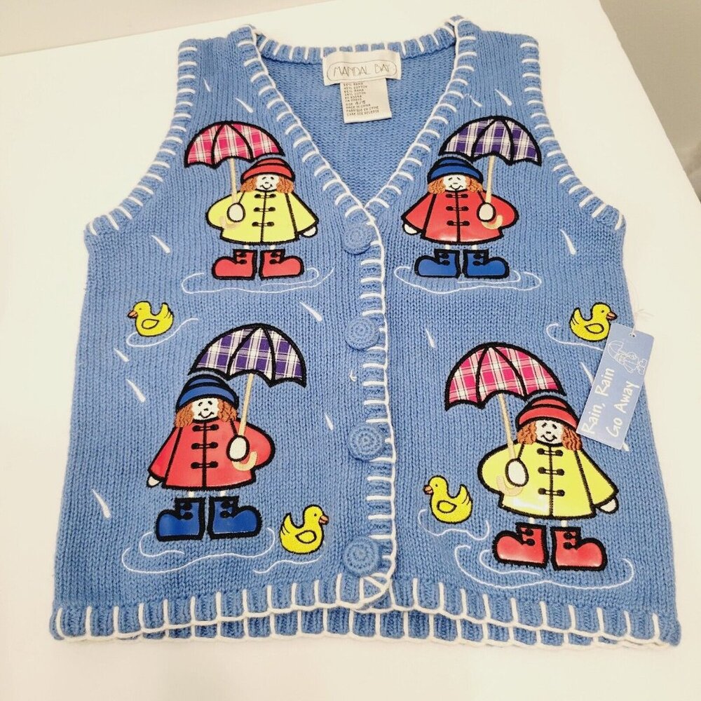 Mandal Bay Kids Rainy Day Knit Vest Size 4/5 Blue Colorful Umbrella Duck Designs